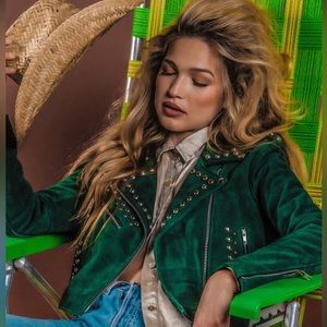 Understated brand leather moto jacket in Bud green